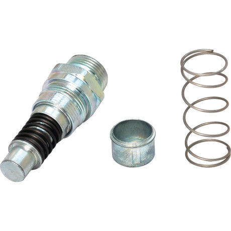 A kit from Sparex, including a metal coil spring, a cylindrical metal component, and a metallic plunger with a threaded end and rubber seal—parts of the Kit Multifaster - Female Cartridge - Size 3/8'' - M22x1.5-15L (Sparex Part No.S.31074)—is laid out on a white background.