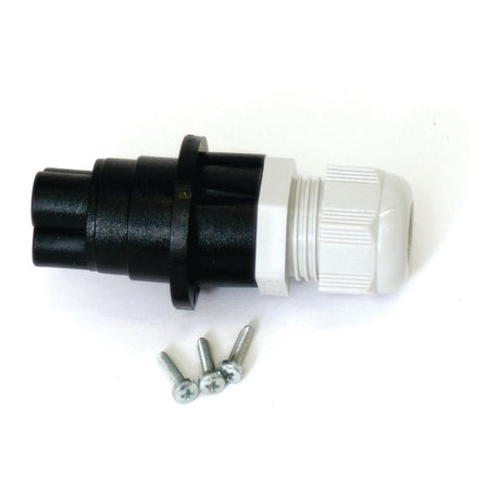 Close-up of a black and white Kit Multifaster electrical connector, featuring three screws placed beside it on a white background, the setup reminiscent of products commonly utilized by Sparex.