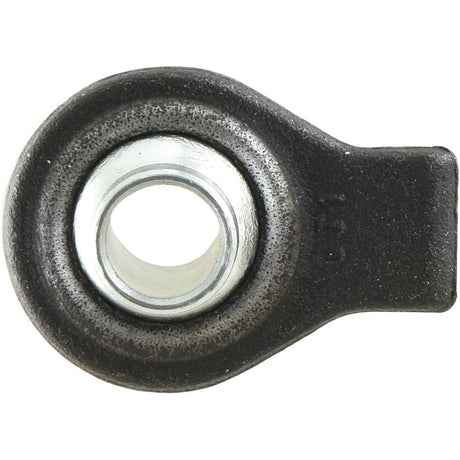 Close-up view of a Top Link Weld On Ball End (Cat. 1) by Sparex, featuring a circular hole in the center with a black exterior and a silver inner ring, ideal for use in John Deere equipment.