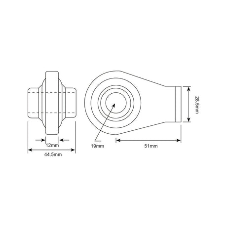 A technical drawing of the Sparex Top Link Weld On Ball End (Cat. 1) | Sparex Part No. S.310, showing front and side views with dimensions labeled: 44.5mm width, 12mm depth, 28.5mm height, 51mm length, and a central opening of 19mm.