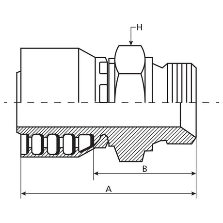 The technical diagram illustrates a cross-sectioned Parker BSP Hose Insert 1/4'' x 1/4'' x 19'' Male Straight - S.3110404 from the Sparex brand, featuring multiple cylindrical parts with measurements labeled "A," "B," and "H." This diagram is ideal for comprehending the product's specifications.