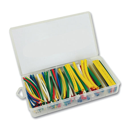 Sparex Heat Shrink Sleeving in Ø1.5 - 10mm x 0.1M (Pack of 155 pcs.) organized in an open plastic container with various colored sleeves and compartments, Part No.S.31126.