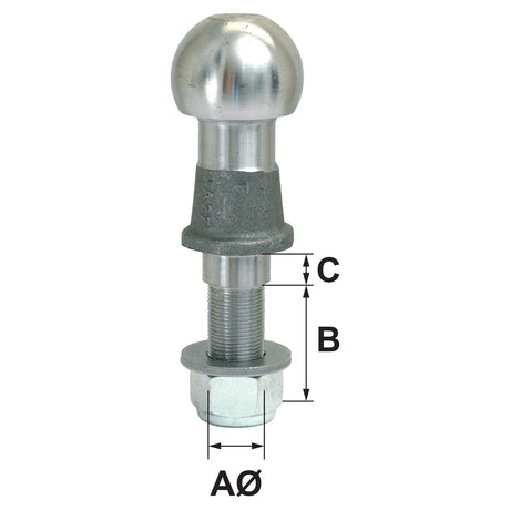 This image of the metallic Ball Hitch Pin, 2000Kg (Short) - S.31131 by Sparex includes detailed, labeled dimensions: AØ (diameter), B (length), and C (height of the top section). Suitable for various applications, this well-manufactured tow ball ensures reliable performance.