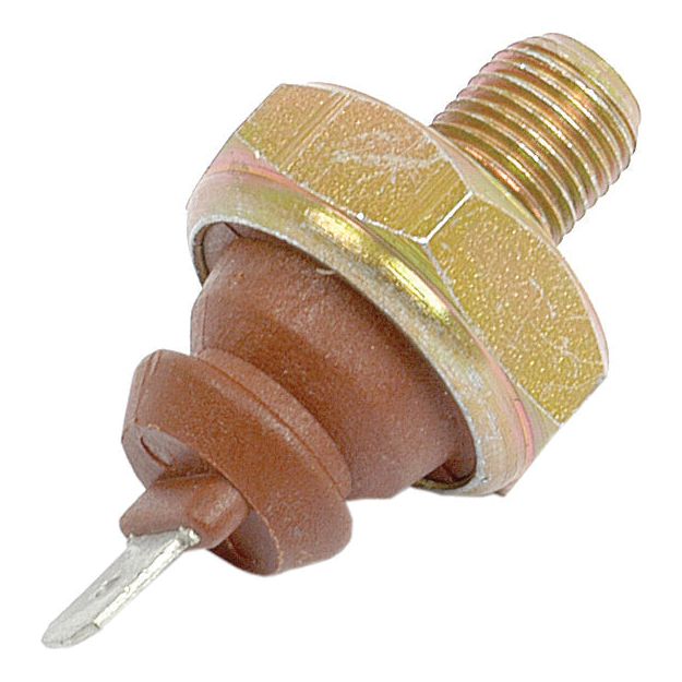 A Sparex oil pressure switch (Sparex Part No. S.312046) with a threaded end and a brown plastic connector featuring a single metal prong, compatible with Deutz-Fahr.