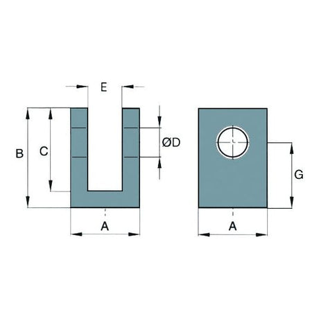 Technical dimensional drawing of the WELD ON CLEVIS 16MM BORE (Sparex Part No. S.31224) with measurements labeled A, B, C, D, E, G, and ØD. The part is depicted in two views: front and side. Tariff Code 7319909000 may apply for international shipments of this Sparex component.