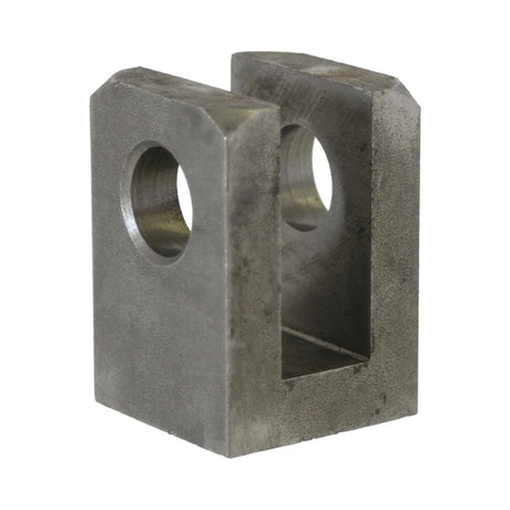 The WELD ON CLEVIS 35MM BORE - S.31228 by Sparex is a metal bracket with two vertical sides, each featuring a circular hole near the top, designed for a 35MM bore. The sides are connected by a cutout base, forming a U-shaped structure. This component is listed under Tariff Code 8412212090.