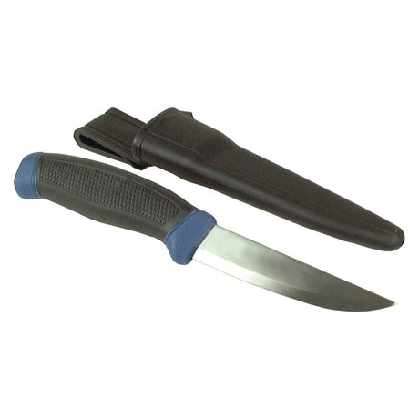 The Sparex Work Knife with a 95mm stainless steel blade features a black handle accented with blue, paired perfectly with a sleek black sheath. Its ideal blade length ensures versatile use, making the Sparex S.3122 an excellent addition to your toolkit. Consider making this high-quality knife your next purchase.