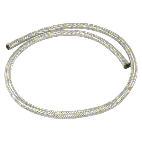 A coiled metallic braided hose with yellow and white markings, available in 7.5mm ID, 1 metre lengths, compliant with DIN 73379C standards. This product is known as the Oil/Fuel Resistant Hose - DN06 (1m) and is offered by Sparex under Part No.S.31253.