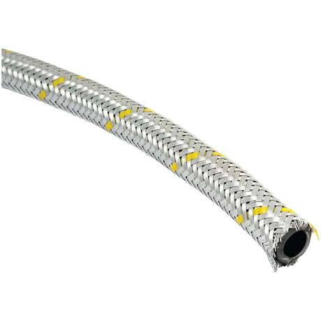 A detailed close-up image of the Sparex Oil/Fuel Resistant Hose - DN08 (1m) (Sparex Part No.S.31254) reveals a flexible metal braided hose with a black inner lining and yellow markings, showcasing an intricately woven stainless steel exterior. This hose, suitable for working pressures up to 25 bar, has an internal diameter of 9.0mm and meets DIN 73379C standards.