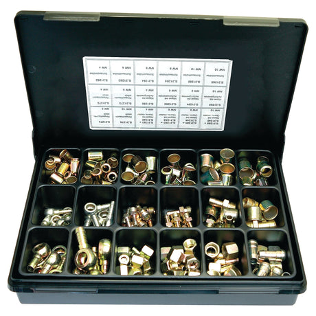 A black plastic organizer box from Sparex, labeled with clear product specifications, containing 225 pieces of various sizes and types of metal hose ferrules (S.31257) sorted into compartments.