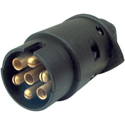 The Sparex 7 Pin Trailer Plug Male with Spade Connectors (Plastic), identified as Sparex Part No. S.31355, is a black, cylindrical trailer plug featuring seven brass pins arranged in a circular pattern, designed for 12V applications.