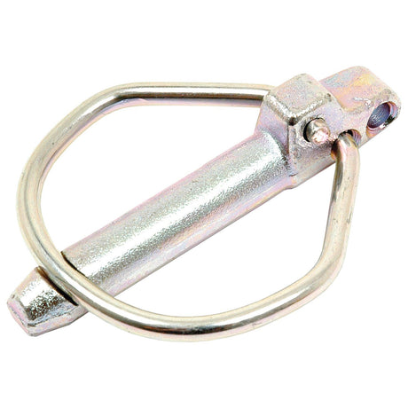 The Sparex Rübig Safety Linch Pin (Sparex Part No.S.31380) is a metallic pin with a spring-loaded wire loop on the handle, commonly used as a fastener for securing machinery or equipment parts, featuring a 7.5mm diameter and 44mm length.