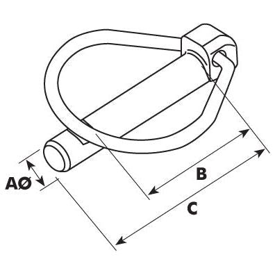 Line drawing of a Rübig Safety Linch Pin with a retaining wire, ideal for chain or strap attachment. Dimensions A, B, and C are labeled to indicate various measurements of the pin and wire. Product: Sparex Rübig Safety Linch Pin, Pin Ø7.5mm x 44mm | Sparex Part No.S.31380