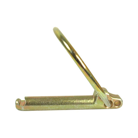 A metallic buckle featuring a latch mechanism with a hinged loop, displayed in a partially open position on a white background. This Sparex Rűbig Safety Linch Pin (Pin Ø7.5mm x 44mm, Sparex Part No.S.31380) is ideal for chain or strap attachment, ensuring durability and ease of use.