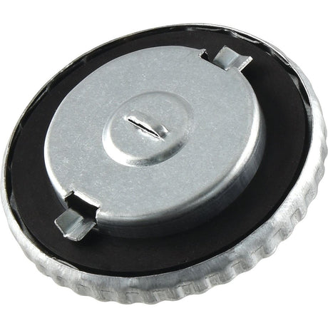 A round silver metal bottle cap with a pull tab is shown. The cap, identified as the Fuel Cap - S.31430 by Sparex, features a ridged edge.