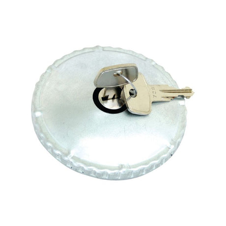 The Sparex Fuel Cap With Lock - S.31431 is a silver gas cap that comes with two attached keys and is compatible with various vehicle models.