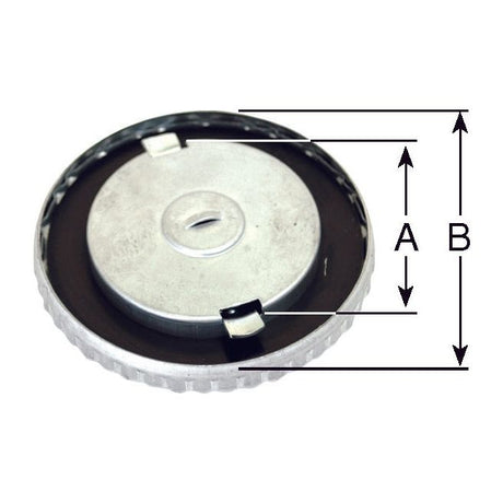 Fuel Cap With Lock - S.31431 by Sparex, featuring a metal cap with a circular design and two perpendicular arrows labeled A and B to indicate measurements of different sections. Refer to the product specifications for detailed dimensions.