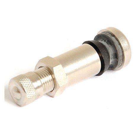 The Valve Snap-In 8.3 x 38.5mm by Sparex (Sparex Part No.S.31464) is a metal hydraulic cylinder fitting featuring a hexagonal nut and threaded end, designed to be compatible with Tip Top tubeless tyres.