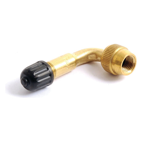 A Sparex Tubeless Valve 90° (Sparex Part No. S.31471) featuring a brass elbow adapter with a black ribbed plastic cap on one end and an open threaded fitting on the other, designed with a 90° angle bend.