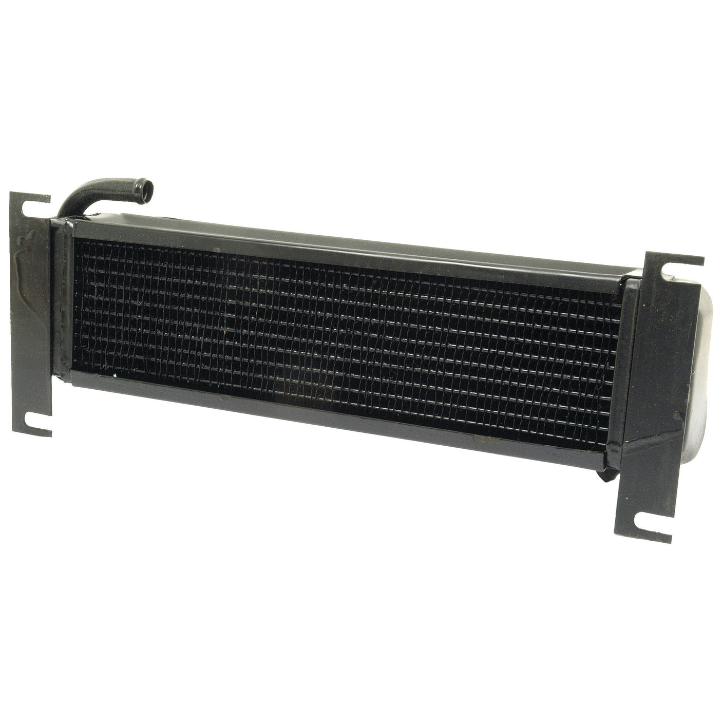 The Sparex Oil Cooler (Part No. S.315010) is a black automotive oil cooler featuring a fin-and-tube design, reminiscent of the robust performance standards found in John Deere equipment. This unit is equipped with two mounting brackets on each side and an inlet and outlet hose connection located on the top left.