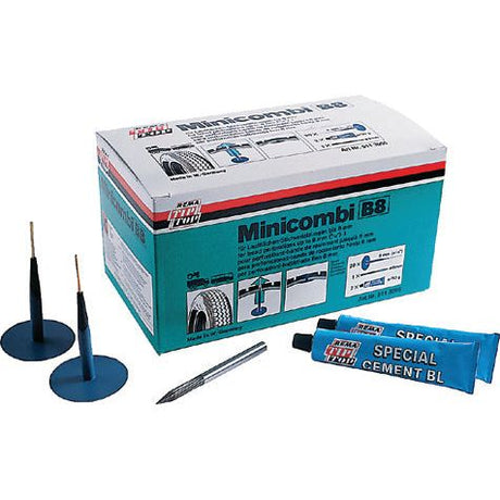 A box labeled "TYRE REPAIR PLUG KIT - S.31523" by Sparex contains plug patches, a tube of special cement, and a reamer tool for tire repair. Suitable for quick and easy fixes, it provides all the essential tools needed.