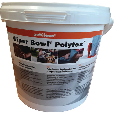 A white Sparex Hand Wipes bucket (72 sheets, 250 x 250mm) labeled with multilingual text and images demonstrating their use for hand cleaning and grease removal, containing polypropylene wipes soaked in detergent. Part No. S.31578.