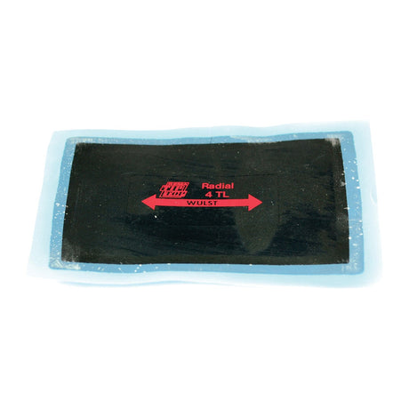 The Sparex Tyre Repair Patches, with dimensions of 55 x 75mm (Sparex Part No. S.31583), feature a rectangular shape, black center, light blue border, and red text for radial 1 TL WULST application instructions. These patches are expertly designed to deliver reliable and precise mending results.