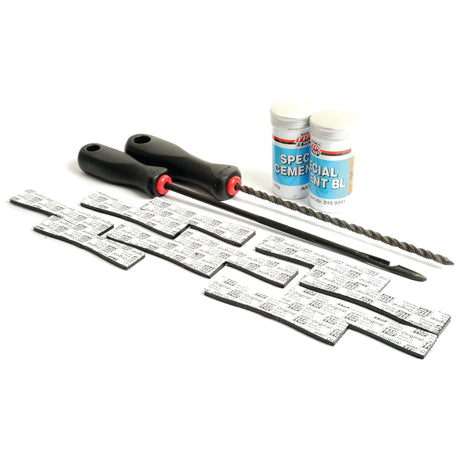 The Tyre Repair Kit Tubeless Kit EM Sealastic by Sparex (Sparex Part No. S.31592) comes complete with two tools, 14 tire plug strips, and two bottles of Sealastic rubber cement.