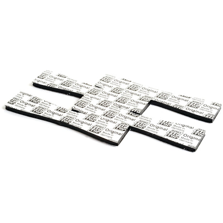 A set of adhesive sound-deadening strips is arranged in a staggered pattern on a white background. The strips, ideal for Sealastic Nail Hole Repair, are labeled "Tubeless Plugs EM (20 pcs.)," featuring the Sparex brand and various markings.