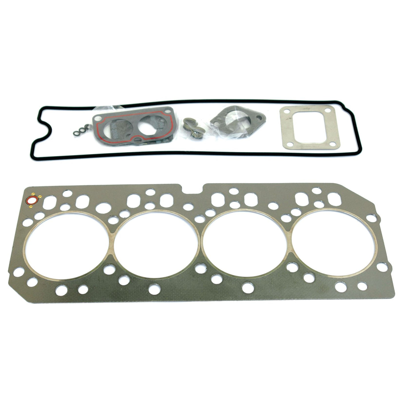 The Sparex Top Gasket Set - 4 Cyl. (4.039D, 4.039T, 4.045D, 4.045T, 4.5D/T) | Sparex Part No.S.31632 is a comprehensive kit for John Deere engines, featuring essential components like the head gasket, intake manifold gasket, valve cover gasket, and various smaller gaskets and seals—all arranged on a white background. Ideal for use with 4-cylinder engines.
