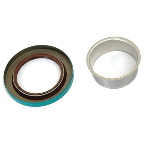 Two mechanical seals: a metal ring with a teal outer layer and brown inner ring (left) and a plain silver cylindrical ring (right), placed side by side on a white background. This Sparex Oil Seal (Sparex Part No.S.31642) is compatible with John Deere machinery, ensuring reliable performance.