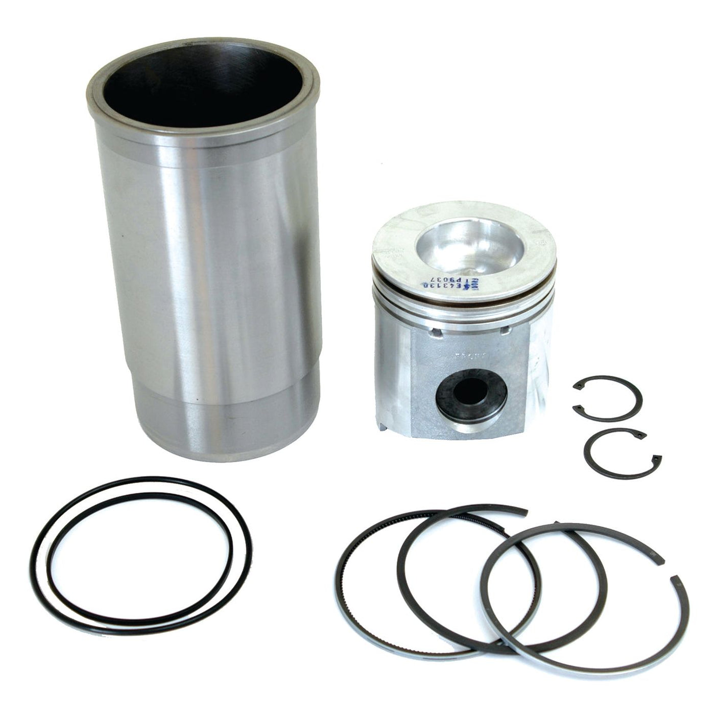 A Sparex Piston Ring and Liner Kit | Sparex Part No.S.31653, features a metal cylinder along with an assortment of sealing rings and clips, all meticulously arranged on a white background.