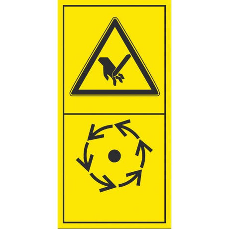 The W/LABEL-STOP (Sparex Part No. S.3189) by Sparex is a yellow caution sign featuring a hand being cut by a blade at the top and circular arrows around a central point below, warning of potential danger from rotating machinery. This label is essential for anyone dealing with machine components. For detailed product specifications, consult Sparex.