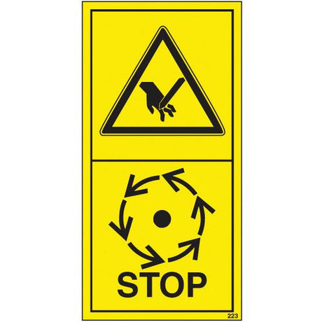 The W/LABEL-STOP from Sparex, part number S.3189, features a yellow warning sign with a hand injury hazard symbol above, alongside a circular motion with arrows and the word "STOP" below, emphasizing important product specifications for machine components.