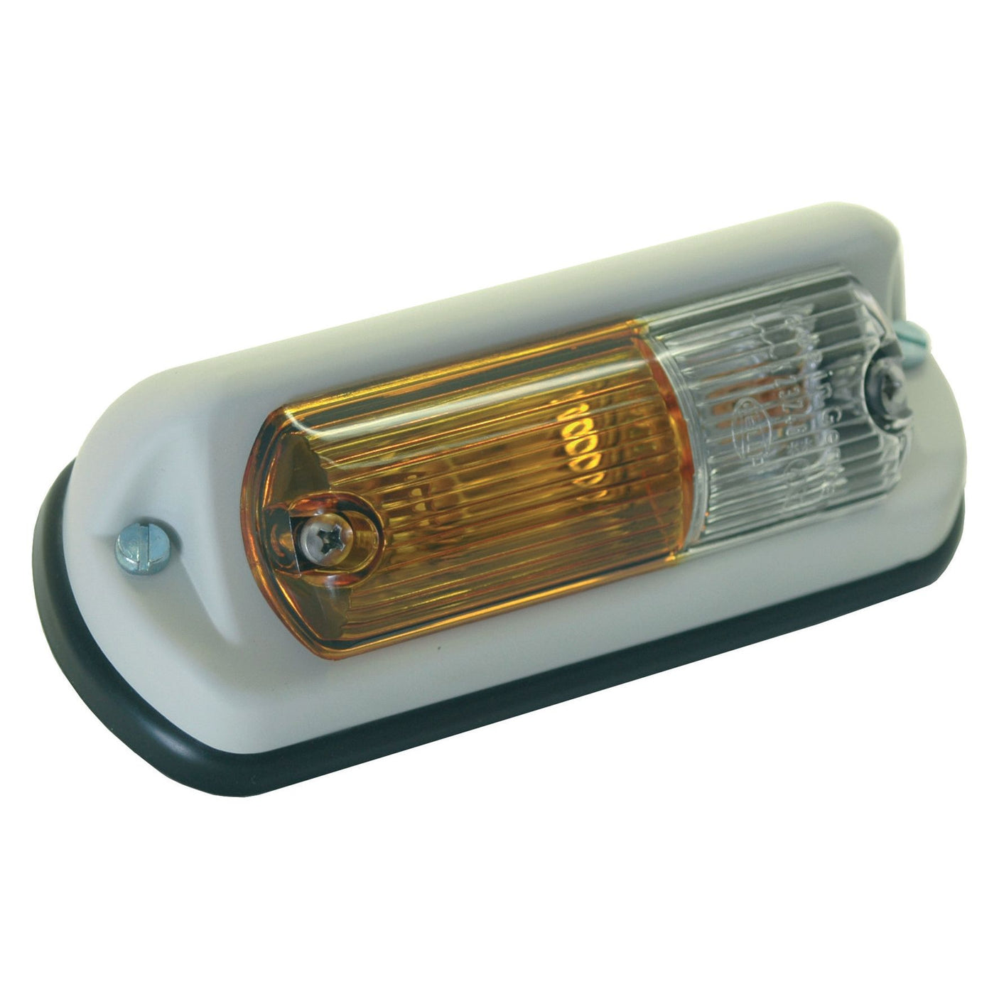 The Front Combination Light (Halogen), 6/12V, RH, Straight - S.31904 by Sparex is an automotive clearance light featuring amber and clear lenses mounted on a white base, utilizing a Hella halogen light source.