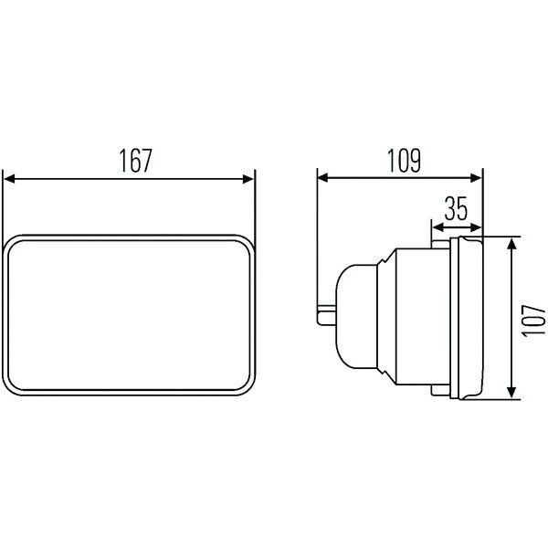 Technical drawing of a rectangular object, identified as a Sparex Head Light (Halogen), RH & LH, RH Dip, 12V - S.31920, with dimensions labeled. Front view shows width of 167mm. Side view indicates a depth of 109mm and a height of 107mm. Additional depth noted as 35mm.