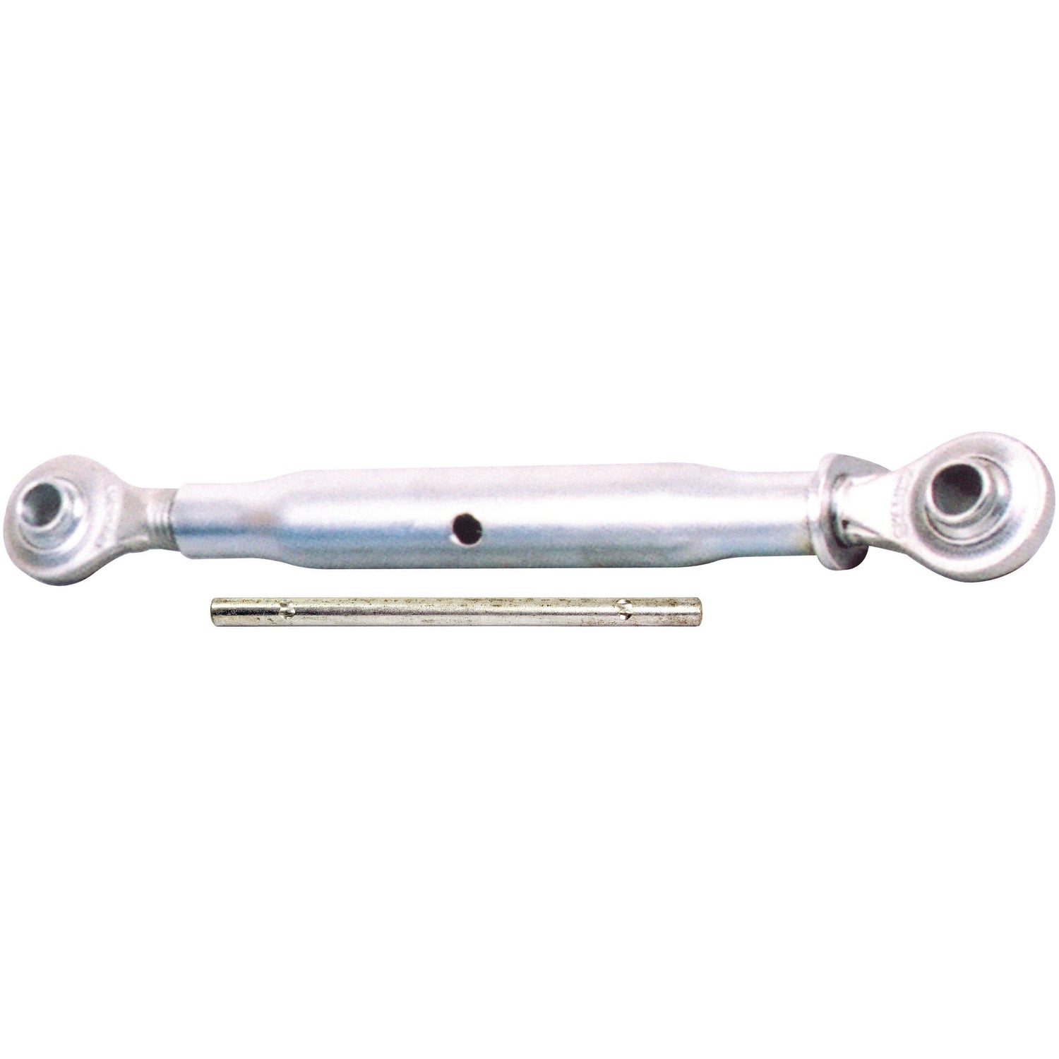 A Sparex Top Link (Cat.1/2) Ball and Ball, 1 1/8'', Min. Length: 630mm - S.319 is depicted, featuring two end fittings and a separate metal rod below it, designed for a range of applications.
