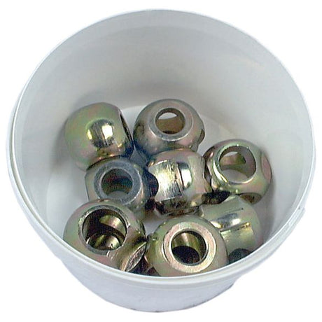 A white bucket labeled "Lower Link Dual Category Balls (Cat. 2 Outer, 1/2 Inner)" from Sparex contains ten metallic components with a reflective surface, suitable for various applications.