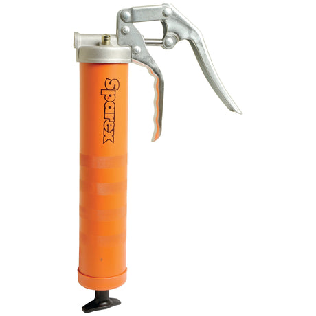 The Pistol Grip Grease Gun - S.3204 by Sparex features an orange body with a black nozzle and a metal lever, perfect for various applications.