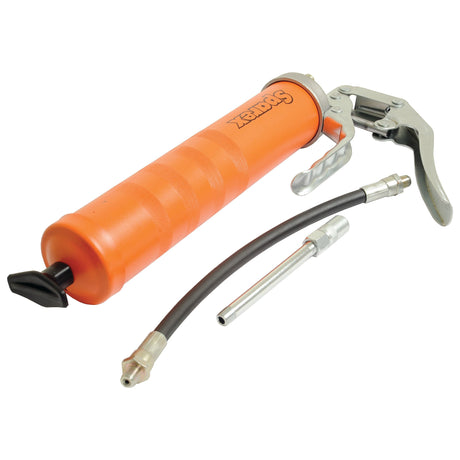 The Sparex Pistol Grip Grease Gun - S.3204 features a bright orange body with a black nozzle cap, a metallic handle, and both flexible and rigid hose attachments. It's perfect for various mechanical applications and repairs.