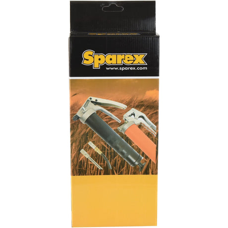 A product box featuring two Pistol Grip Grease Gun S.3204 units and two nozzles from the Sparex brand set against a wheat field background, ideal for various agricultural and industrial applications.