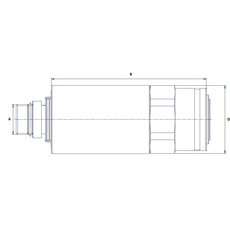 Technical drawing of a cylindrical carbon steel object representing the Stauff Quick Release Hydraulic Coupling Female 1/2'' Body x M22 x 1.50 Metric Male Thread (Sparex Part No.S.32054), with labeled dimensions A, B, and D, featuring a notched section near the right end.