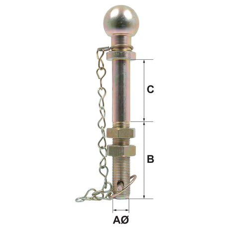 The Sparex Ball Hitch Pin, 2000Kg (Long) - S.3211 is a zinc-plated metal trailer hitch pin featuring a ball top, attached chain, and threaded section for secure attachment. The product includes labels indicating measurements AØ, B, and C for different parts of the pin to ensure proper fitment. The ball size is specified to be compatible with various hitches.