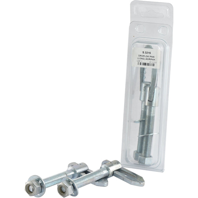 Placed in front of the Agripak packaging is a package containing two pieces of Droplok Pin Assembly 76mm (S.3215) by Sparex, each featuring three loose metal anchors with UNF threads.