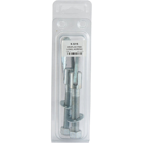 A sealed clear plastic package from Sparex, containing two metal Droplok Pin Assemblies (76mm) - S.3215, includes nuts, washers, and long screws and is labeled "Agripak 2 pcs.