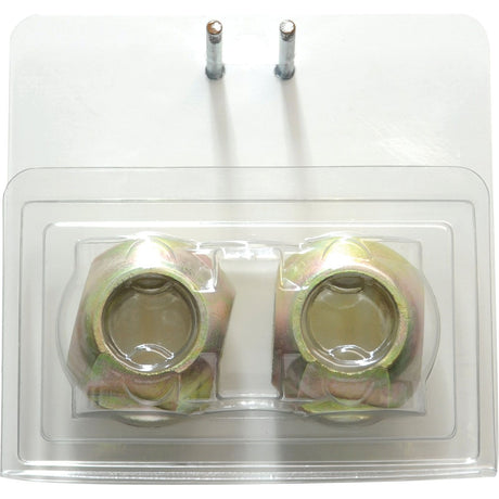 Close-up of a packaged set of Lower Link Dual Category Balls (Cat. 2 Outer, 1/2 Inner) from Sparex on a clear plastic card with two pegs at the top for hanging. Suitable for various applications, these bearings come with detailed manufacture information. This specific product, S.3223, includes two pieces in an Agripak package.