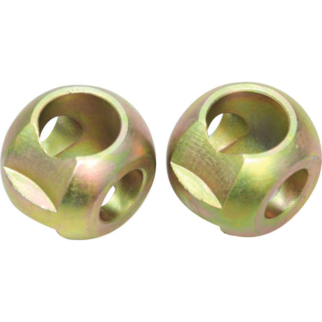 The Sparex Lower Link Dual Category Balls (Cat. 2 Outer, 1/2 Inner) – S.3223, available in a pack of two (Agripak), are metallic spherical components with multiple openings and flat surfaces, suitable for engineering or mechanical applications.