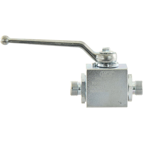 A Sparex MARCHESINI 2-Way Shut Off Ball Valve (Sparex Part No. S.32242) features a long lever handle and M16 x 1.50 threaded connectors on both ends, suitable for controlling the flow of liquids or gases in a pipeline at a flow rate of 35 liters per minute.