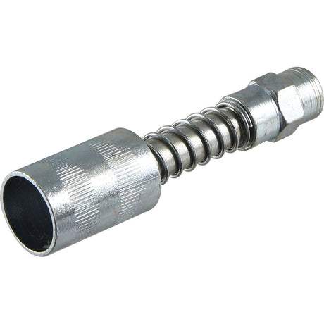 A metal connector with a threaded 1/8'' BSP end and a cylindrical housing, featuring a coiled spring in the middle, resembling the Sparex Grease Gun Coupler S.3225 - Snap-on Connector, likely used in mechanical or plumbing applications.