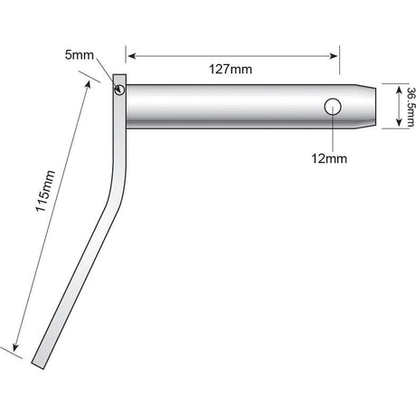 Diagram of a metal rod with dimensions labeled: 5mm, 115mm, 127mm, and a diameter of 12mm, with an end measuring 85.5mm. Ideal for Category 3 applications and compatible as Sparex part S.3235 titled Lower Link Pin - Double Shear (36x127mm).